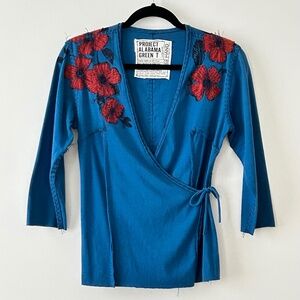 Anthropologie Project Alabama Green T Cotton Blue Floral Handmade Wrap Top
